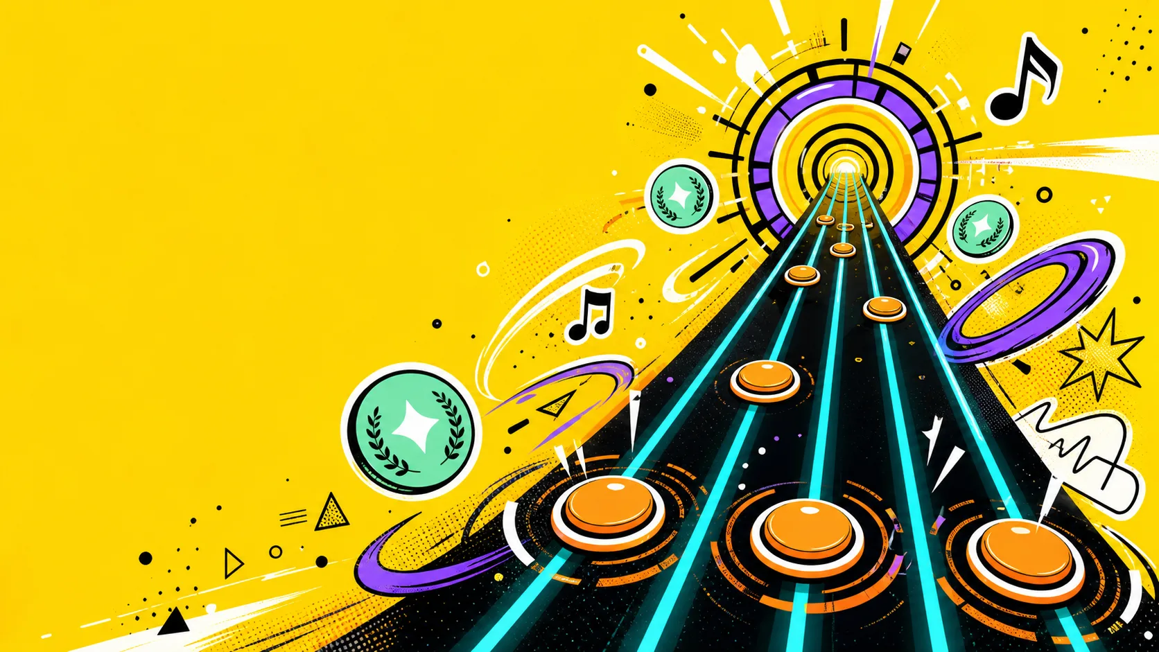 Abstract rhythm track with timing buttons and medal tokens